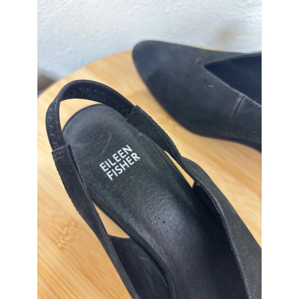 Eileen Fisher Wedges 8 Slingback Black Nubuck Pointed Toe V-Neck Pumps
